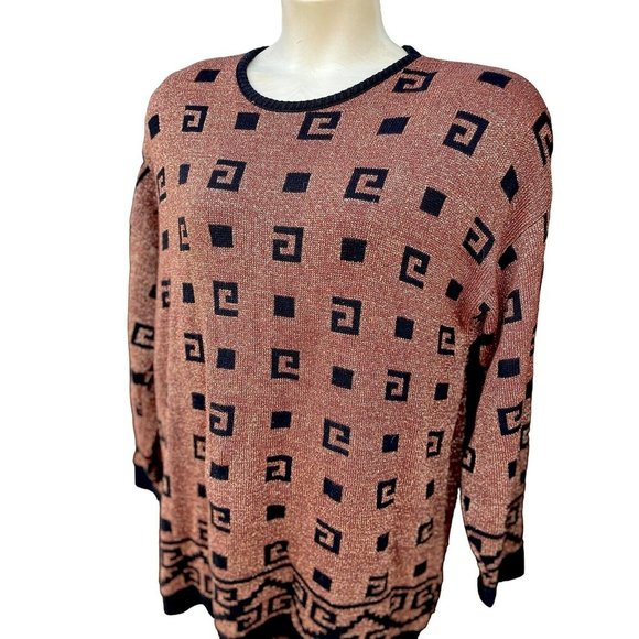 VTG 80s 90s Metallic Rust Salmon Gold Geometric Sweater Glam Retro Size L Women - Picture 4 of 7
